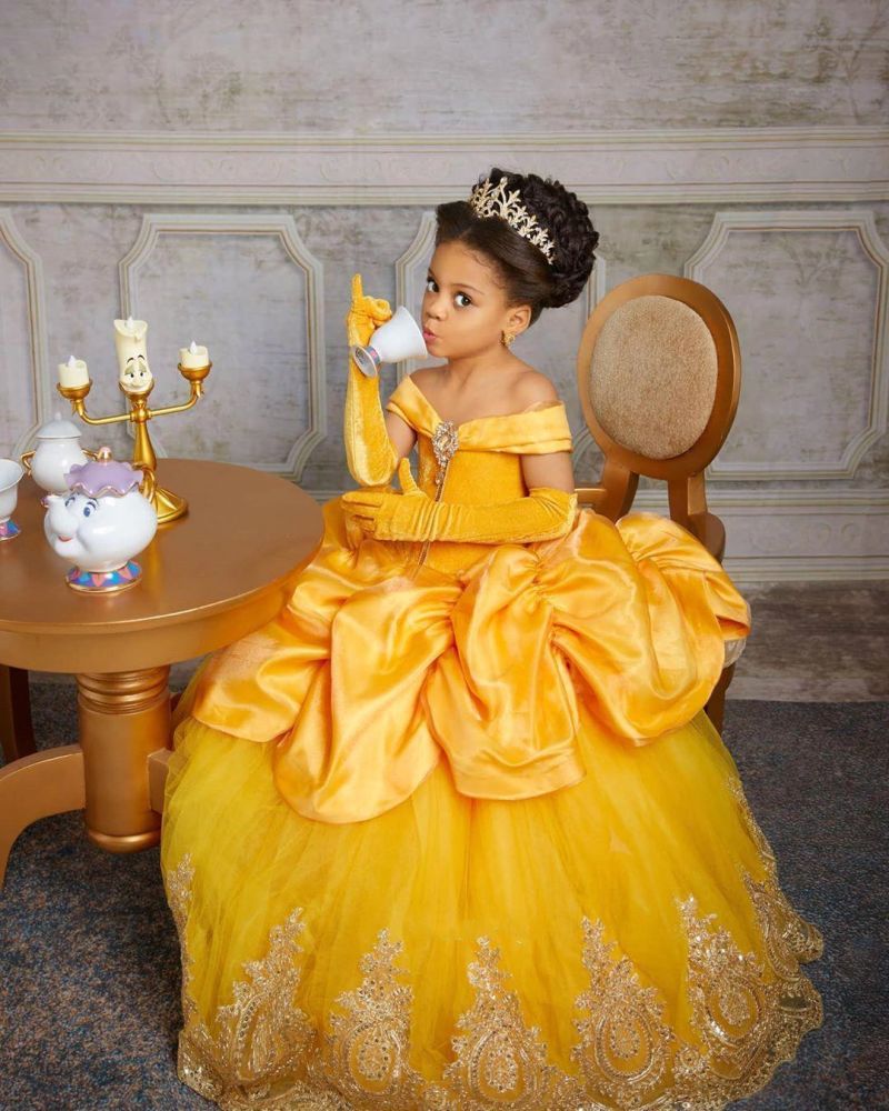 yellow Princess Girl Dress for Birthday Party Off-the-Shoulder Velvet Tulle Pageant Dress for Kids