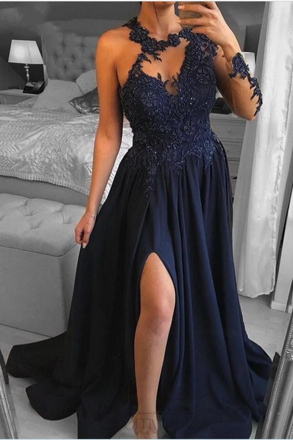 One Shoulder Chiffon Side Slit Evening Dress Floral lace Appliques Long Prom Dress