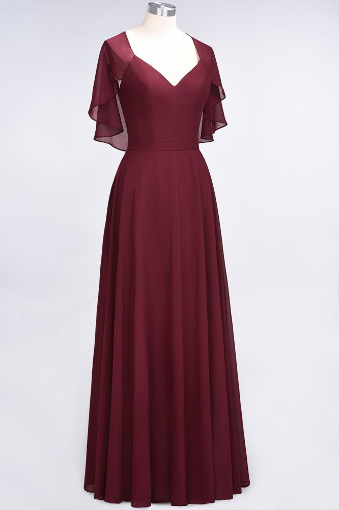Chiffon Satin A-Line V-Neck short-sleeves Long Bridesmaid Dress
