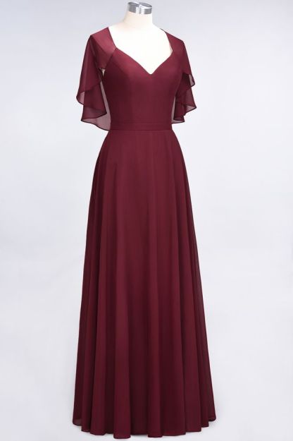 Chiffon Satin A-Line V-Neck short-sleeves Long Bridesmaid Dress