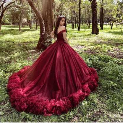 Burgundy Wedding Dress Princess A-line Velvet Off Shoulder Ball Gown