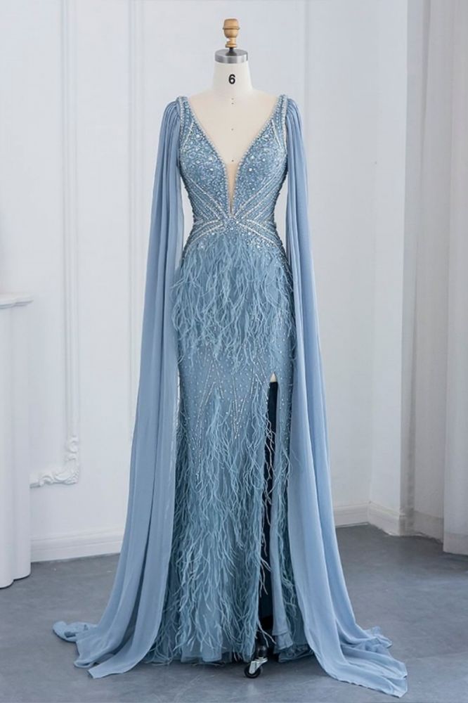 Glamorous V-Neck Fur Beadings Front Slit Mermaid Evening Gowns with Tulle with Cape Sleeves Wedding Party Dress-Babyonlinewholesale