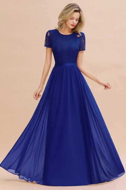 Retro Chiffon Lace Scoop Short-Sleeves Online Bridesmaid Dress