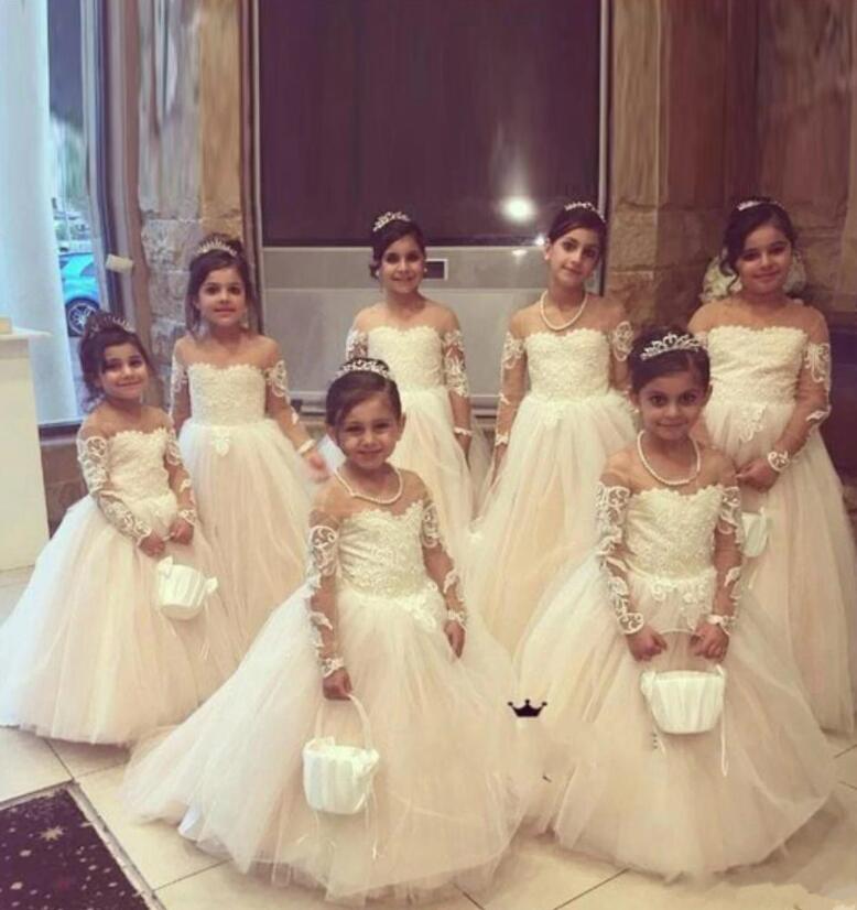 Lovely Princess Jewel Long Sleeves Long Flower Girl Dresses | Ivory Little Girls Peagant Dress with Bowknot-Babyonlinewholesale
