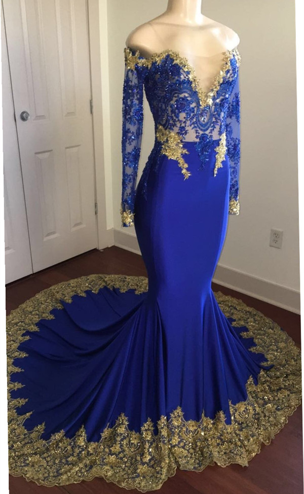 Off The Shoulder Royal Blue Prom Dresses | Gold Lace Appliques Sexy Evening Dress with Sleeve BA8283