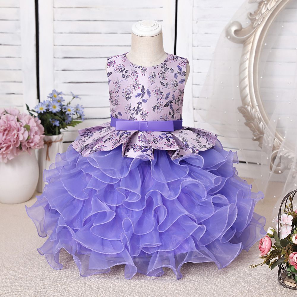 Lavender Sleeveless lace applique pricess flower girl dress