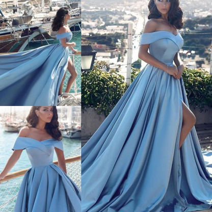 Blue Off-the-Shoulder Prom Dress | Long Evening Gowns With Slit BA8863