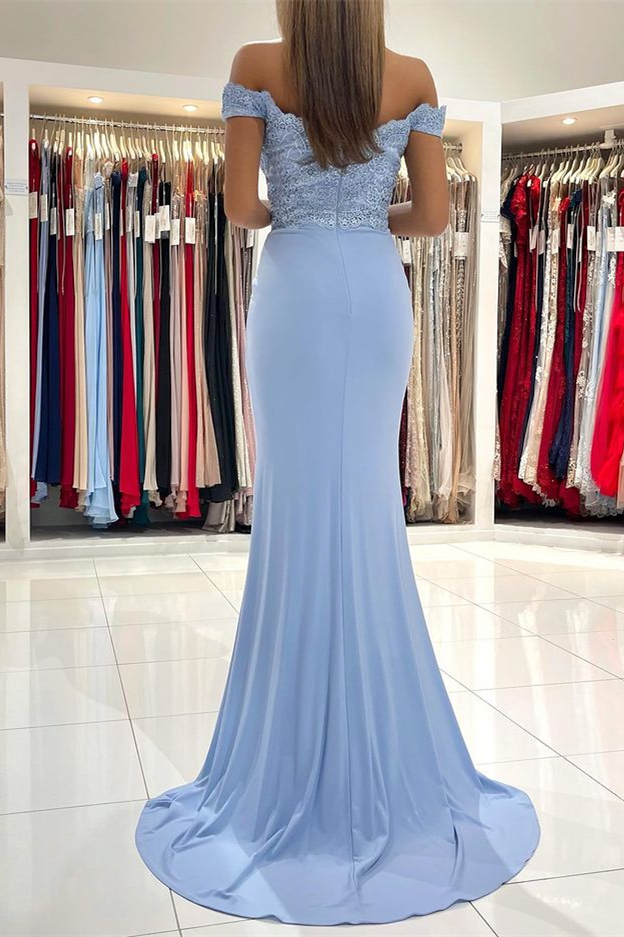 Off the shoulder Blue Mermaid satin Lace Prom Dresses