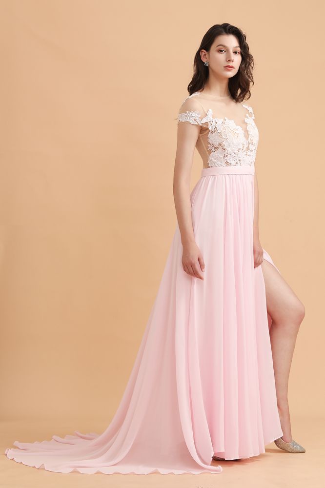 Cap Sleeves Lace Appliques Bridesmaid Dress Pink Chiffon Aline Wedding Party Dress with Side Slit
