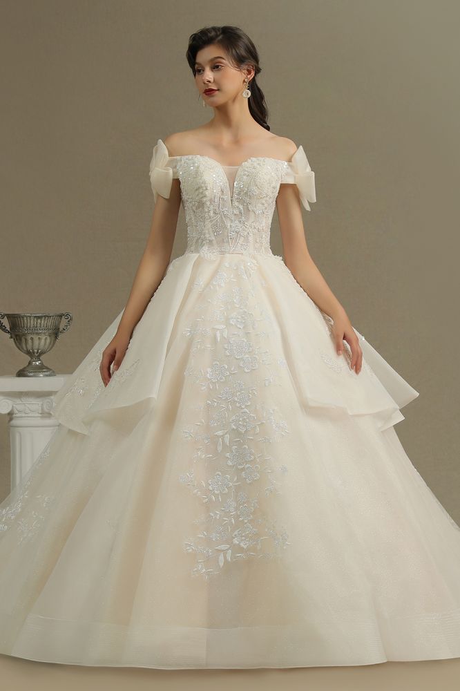 Elegant Off-the-Shoulder Tulle Lace Ball Gown Floor Length Graden Bridal Gown