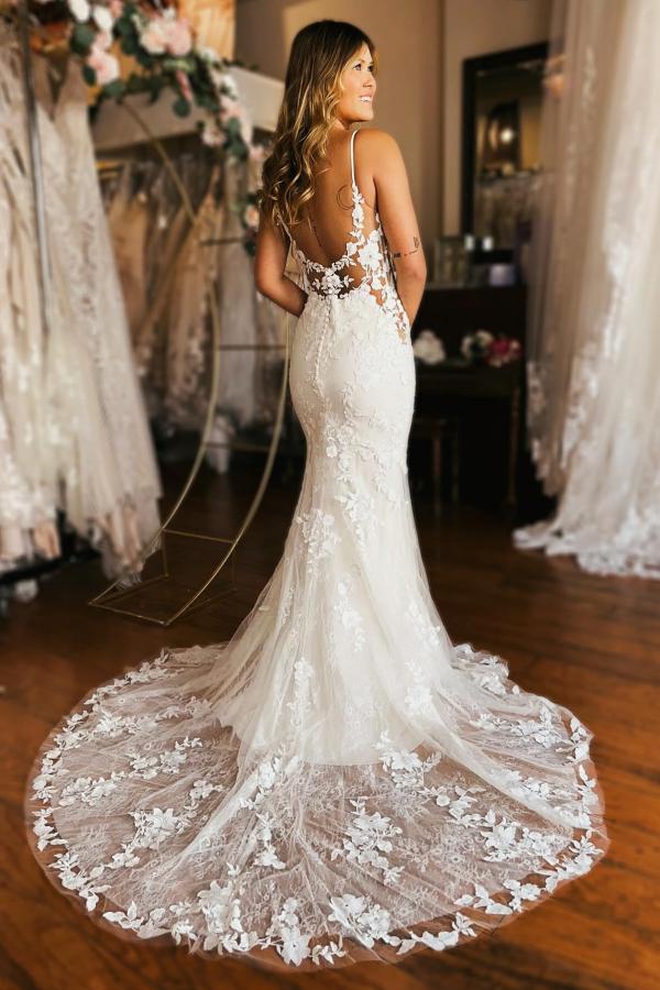 V-neck Lace Mermaid White Elegent Wedding Dresses