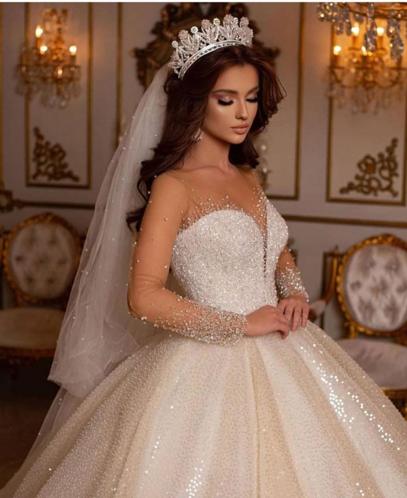 Luxury Sweetheart Sparkly Sequins Bridal Gown Long Sleeves