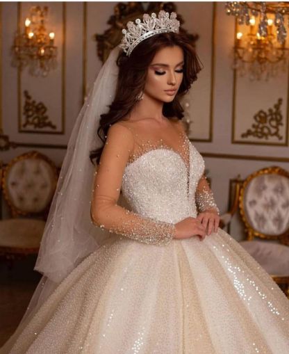 Luxury Sweetheart Sparkly Sequins Bridal Gown Long Sleeves