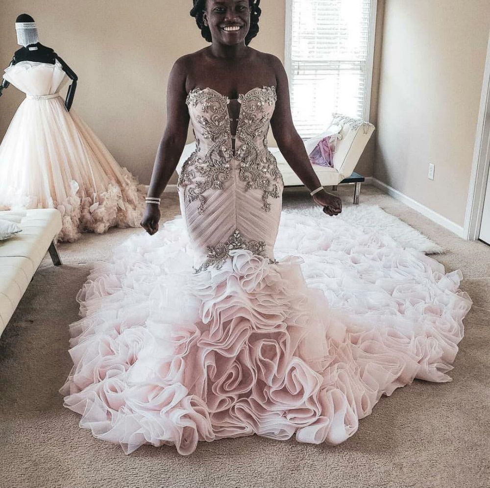 Plus Size Mermaid Crystal Lace Beads Sweetheart Long Train African Custom Made Ruffles Wedding Dresses-Babyonlinewholesale