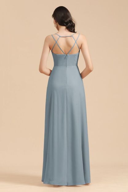 Elegant Ruched Chiffon Bridesmaid Dress Dusty Blue V-Neck Wedding Guest Dress