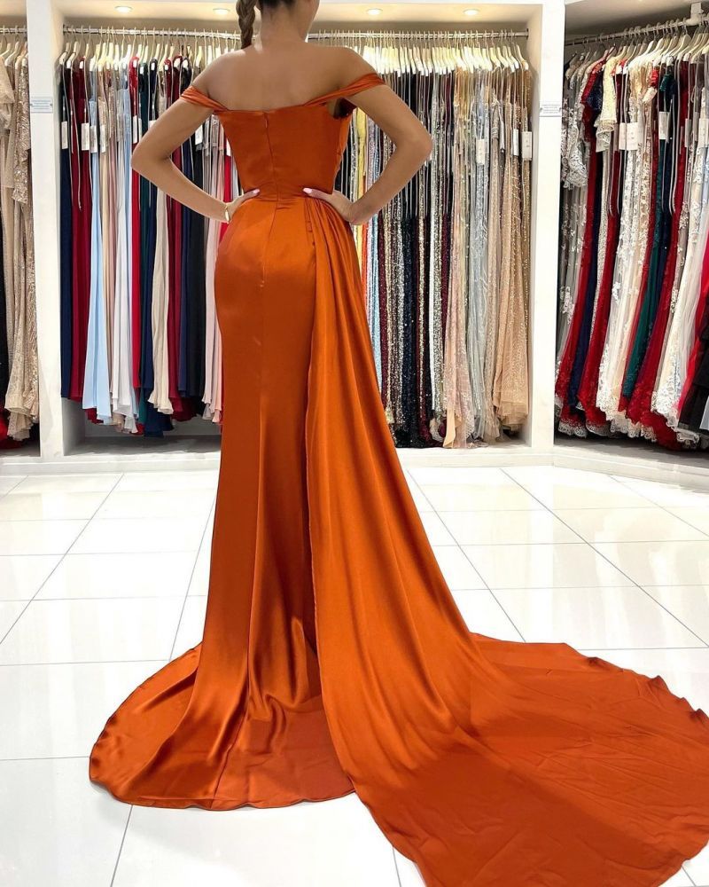 Stunning Stretch Satin Off Shoulder Evening Gown with Side Slit Detachable Train