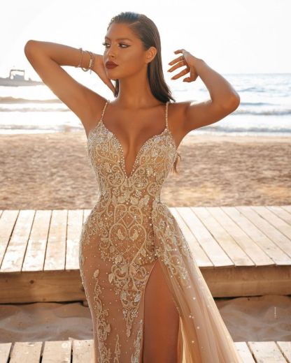 Sexy Spaghetti Side Split Tulle Beach Wedding Dress