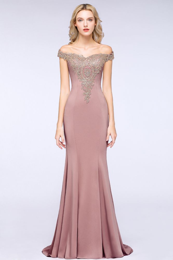 Simple Off-the-shoulder Burgundy Formal Dress with Lace Appliques