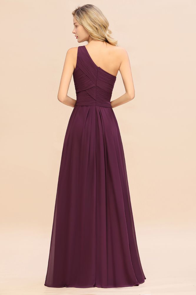 One shoulder wine red sleeveless chiffon bridesmaid dress
