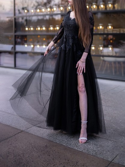 Long sleevels v-neck black a-line high split prom dress
