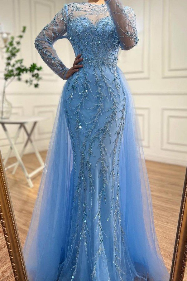 Skyblue Jewel Long Sleeves Floor Length Prom Party Dress