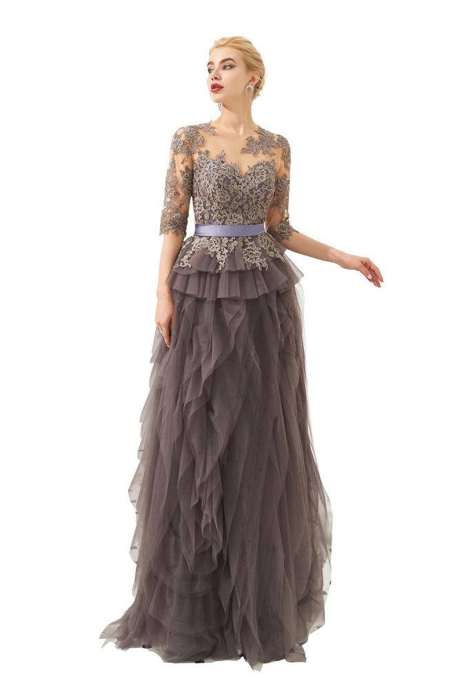 Modest Long Sleeve Gray Mother of the bride Dress with flowing Ruffles | Elegant Illusion neck Evening Dress-Babyonlinewholesale