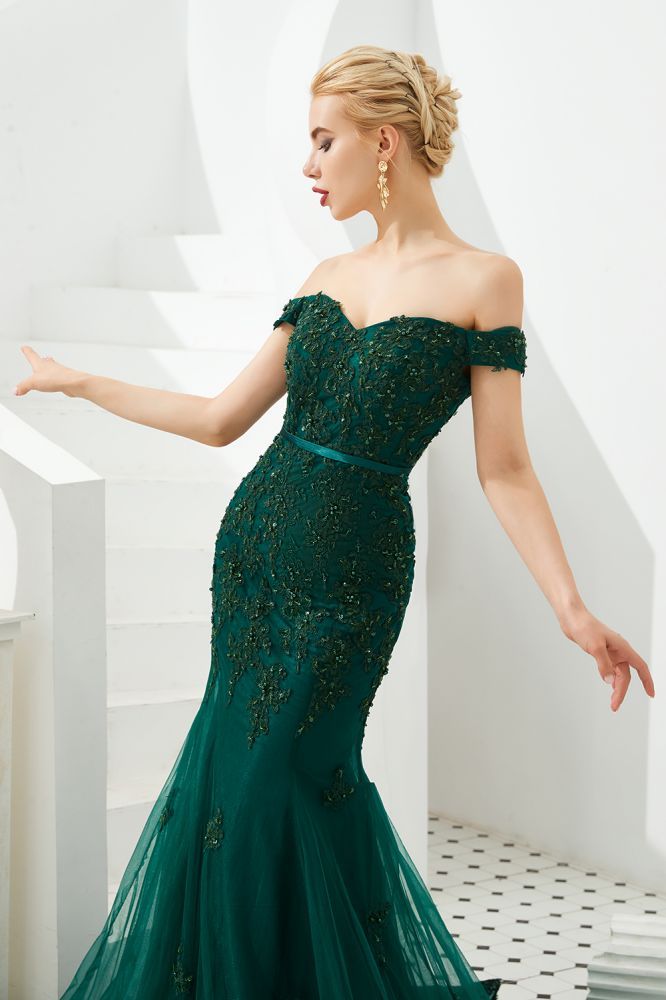 Harvey | Emerald green Mermaid Tulle Prom dress with Beaded Lace Appliques