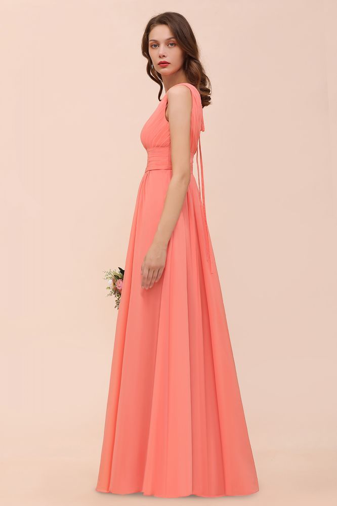 Coral V-Neck Aline Bridesmaid Dress Sleeveless Wedding Guest Dress
