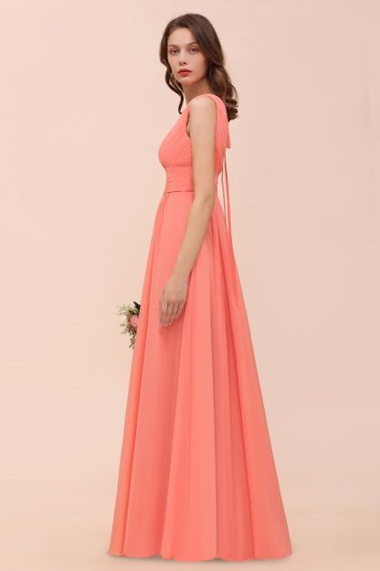 Coral V-Neck Aline Bridesmaid Dress Sleeveless Wedding Guest Dress