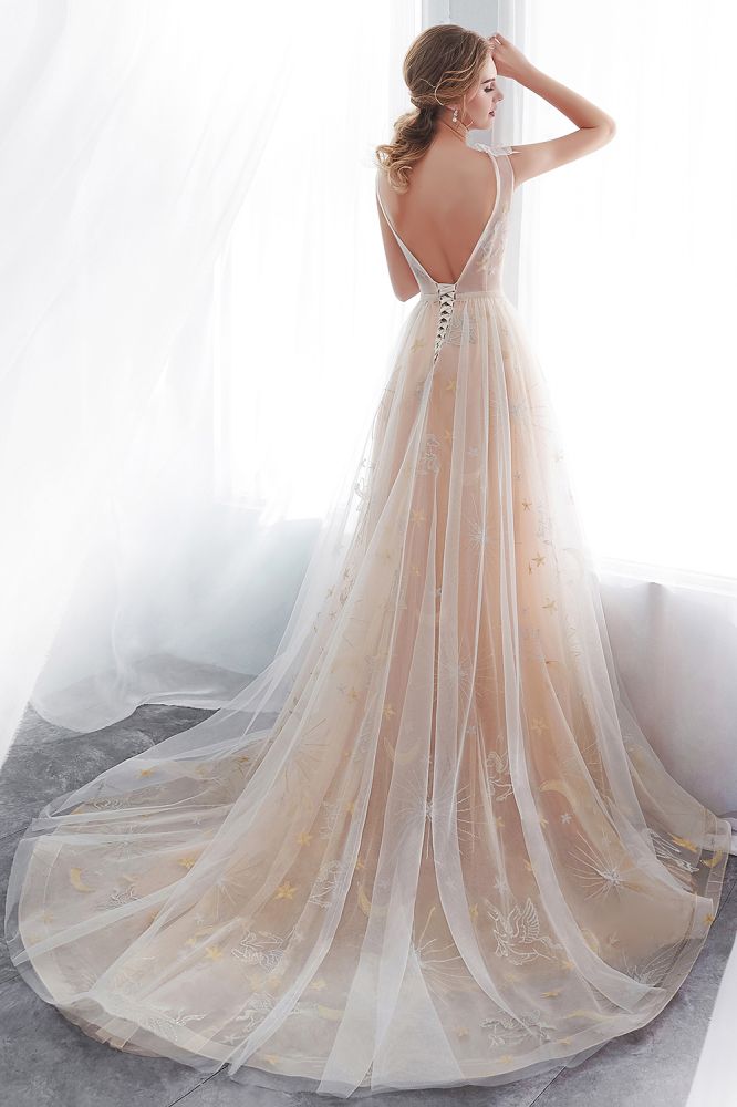 NANETTE | A-line Sleeveless Long Tulle Appliques Champangne Evening Dresses with Sash