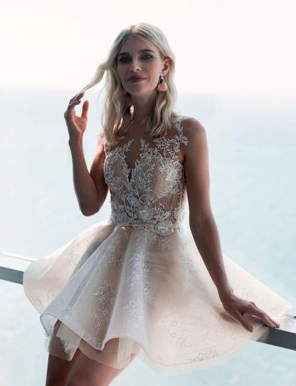 Ivory Sleeveless Lace Puffy Flowers Homecoming Dress