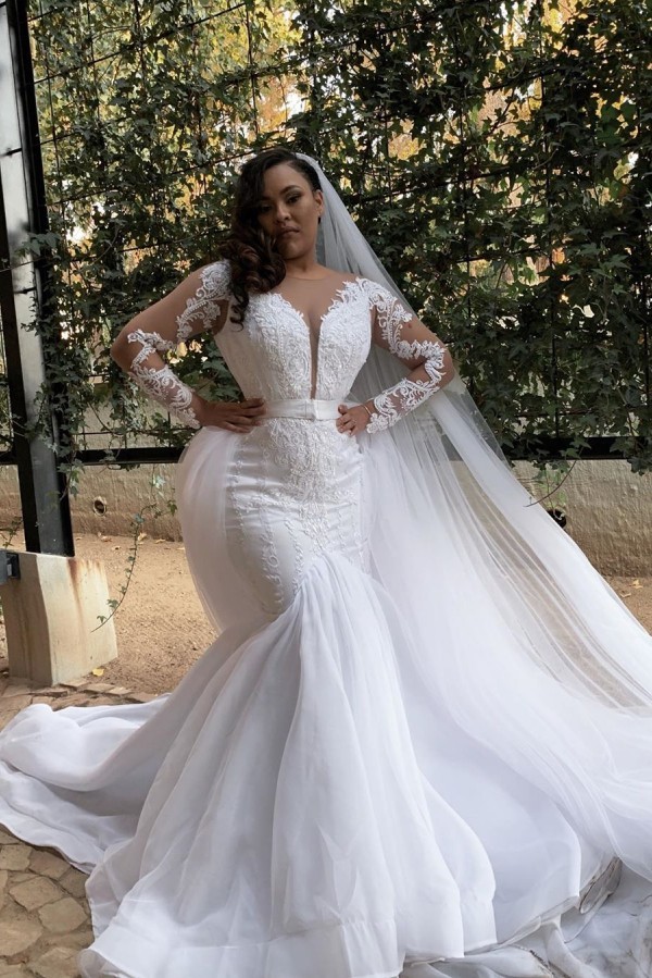 White Long sleeves Plus size Mermaid Belt Wedding Dresses