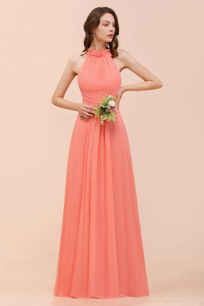 Sexy Coral Wrinkles Chiffon Long bridesmaid Dress Sleeveless Aline Wedding Guest Dress