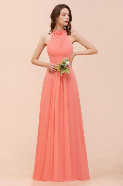 Sexy Coral Wrinkles Chiffon Long bridesmaid Dress Sleeveless Aline Wedding Guest Dress