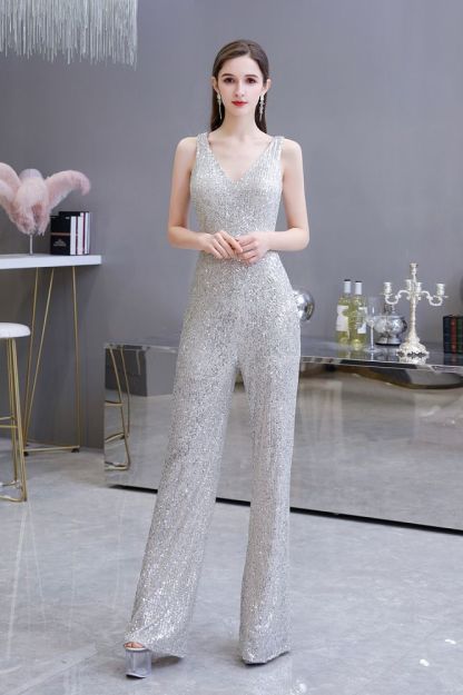 Sexy Shining V-neck Silver Sequin Sleeveless Prom Jumpsuit