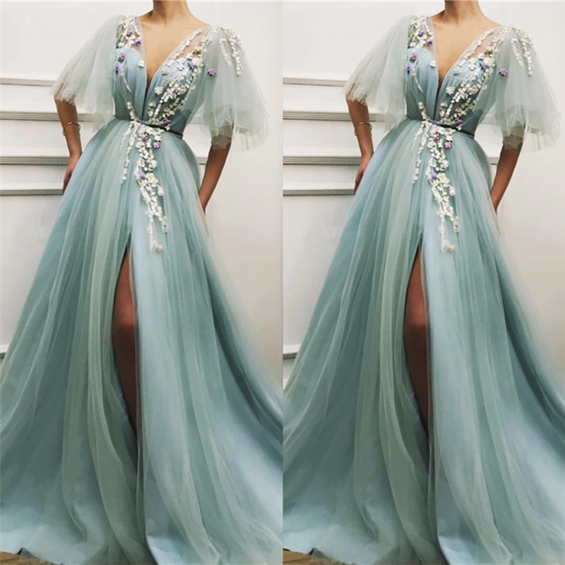Sexy Deep V Neck Front Slit Prom Dress | Short Sleeveless Tulle Appliques Long Prom Dress