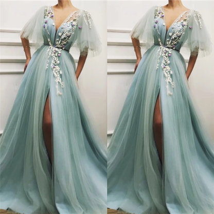 Sexy Deep V Neck Front Slit Prom Dress | Short Sleeveless Tulle Appliques Long Prom Dress