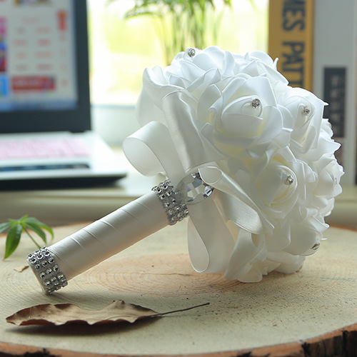 White Silk Wedding Bouquet with Colorful Handles