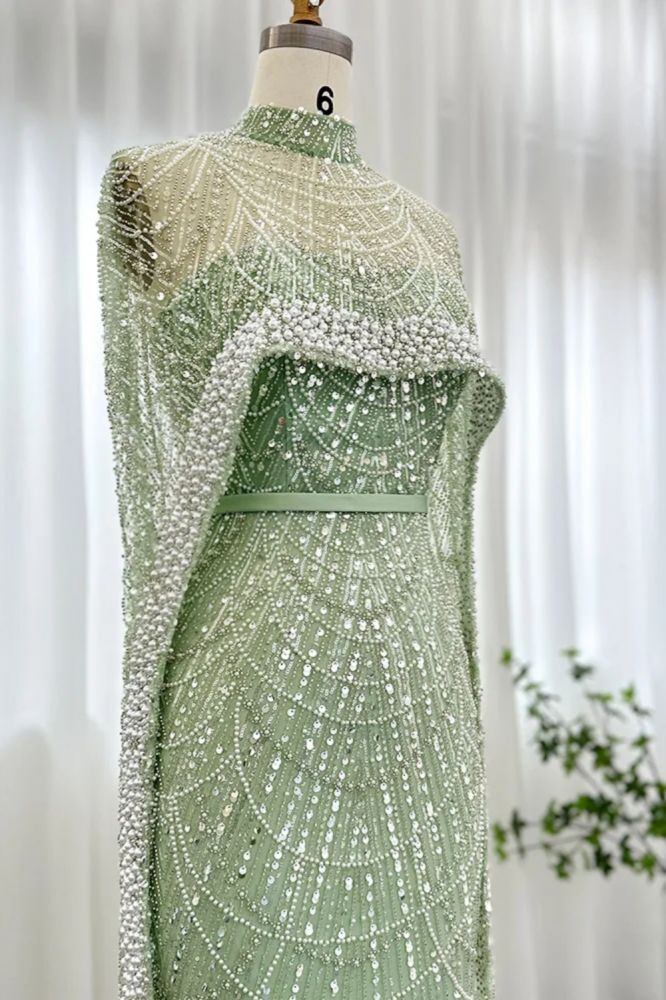 Glitter High Neck Beadings Mermaid Long Evening Dresses with Cape