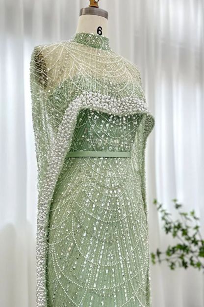 Glitter High Neck Beadings Mermaid Long Evening Dresses with Cape