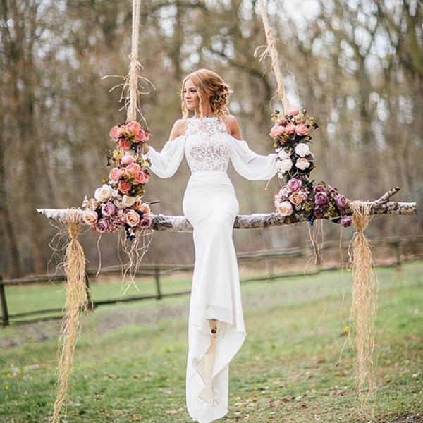 Elegant Lace Long-Sleeves Mermaid Chiffon Wedding Dress