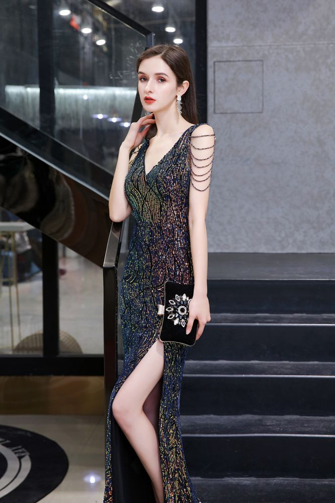 Sparkle V-neck High split Sleeveless Black Evening Dress Online