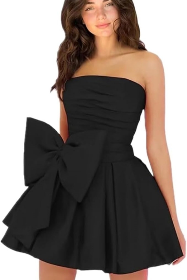 Chic Ruched Satin Short Homecoming Dresses Strapless Knee Length Party Dress with Bow