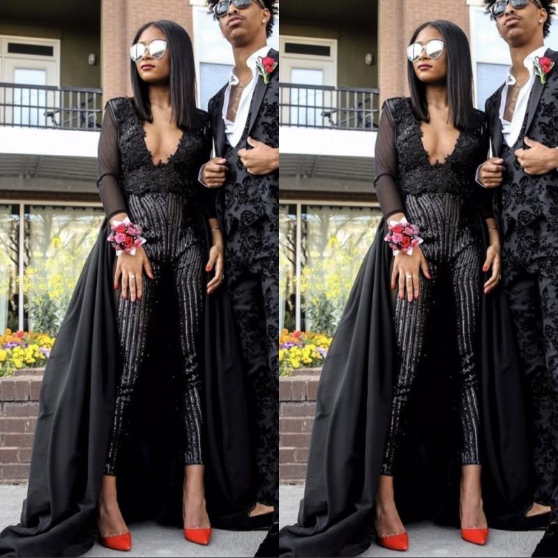 Special V Neck Long sleeves Lace Prom dresses with Sequins Trousers | Floor Length Evening Gowns With Zipper-Babyonlinewholesale