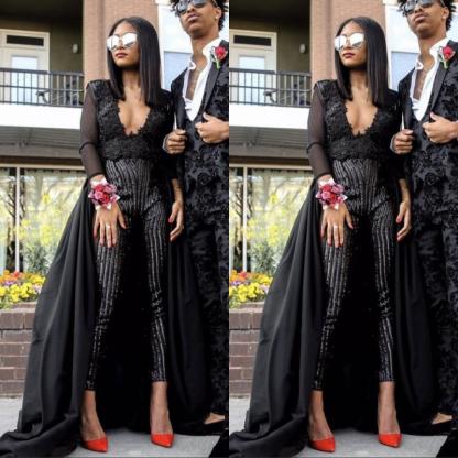 Special V Neck Long sleeves Lace Prom dresses with Sequins Trousers | Floor Length Evening Gowns With Zipper-Babyonlinewholesale