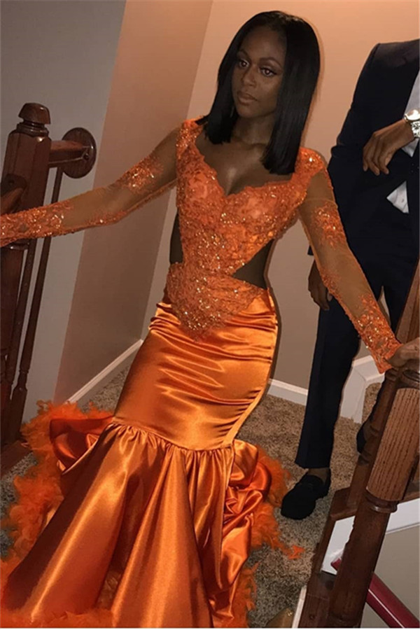 Chic V-Neck Long Sleeves Appliques Tulle Sequins Mermaid Floor-Length Prom Dresses