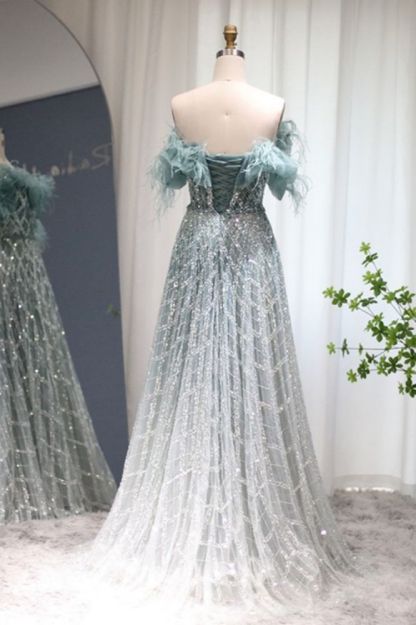 Gorgeous Off-the-Shoulder Feathers Sequins Aline Evening Dress with Beading Party Gowns for Women