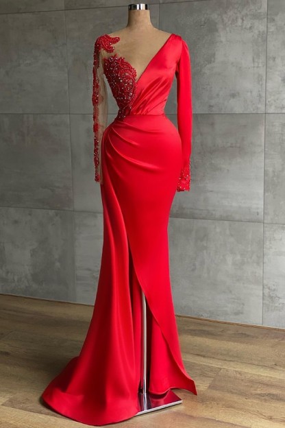 Charming Red Mermaid Prom Dress Side Slit with Lace Appliques