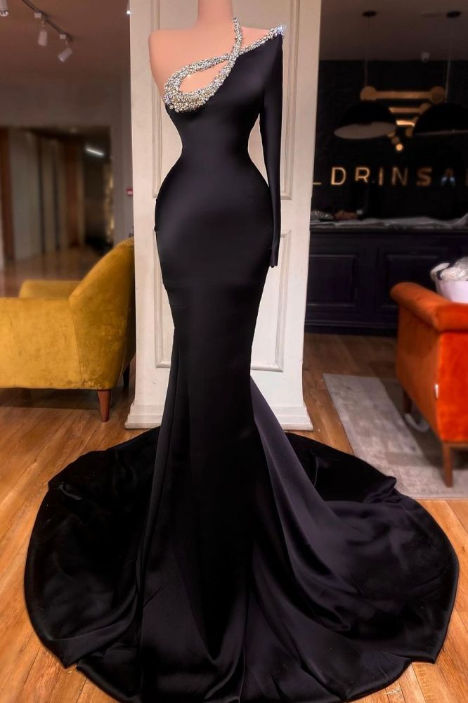 Long sleeves Beaded neckline Black Mermaid Prom Dresses