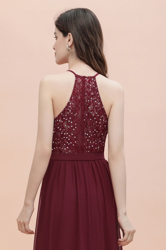 Burgundy Sleeveless V-neck Beaded Back Chiffon Bridesmaid Dress